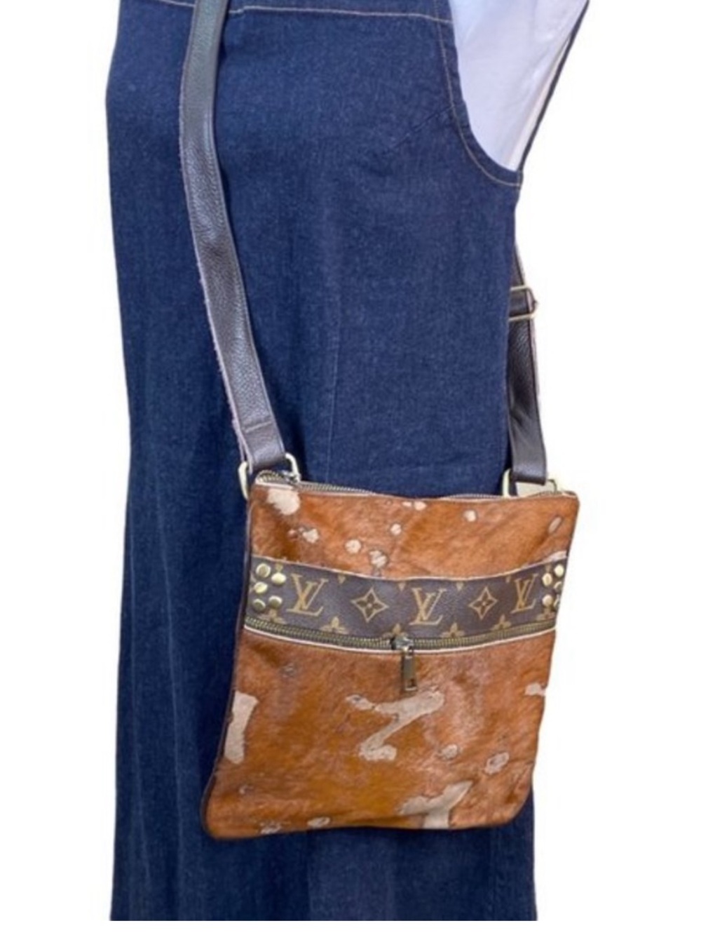 Keep It Gypsy Upcycled Boho LV Calf Hair Leather Crossbody Brown NWOT - Picture 5 of 9